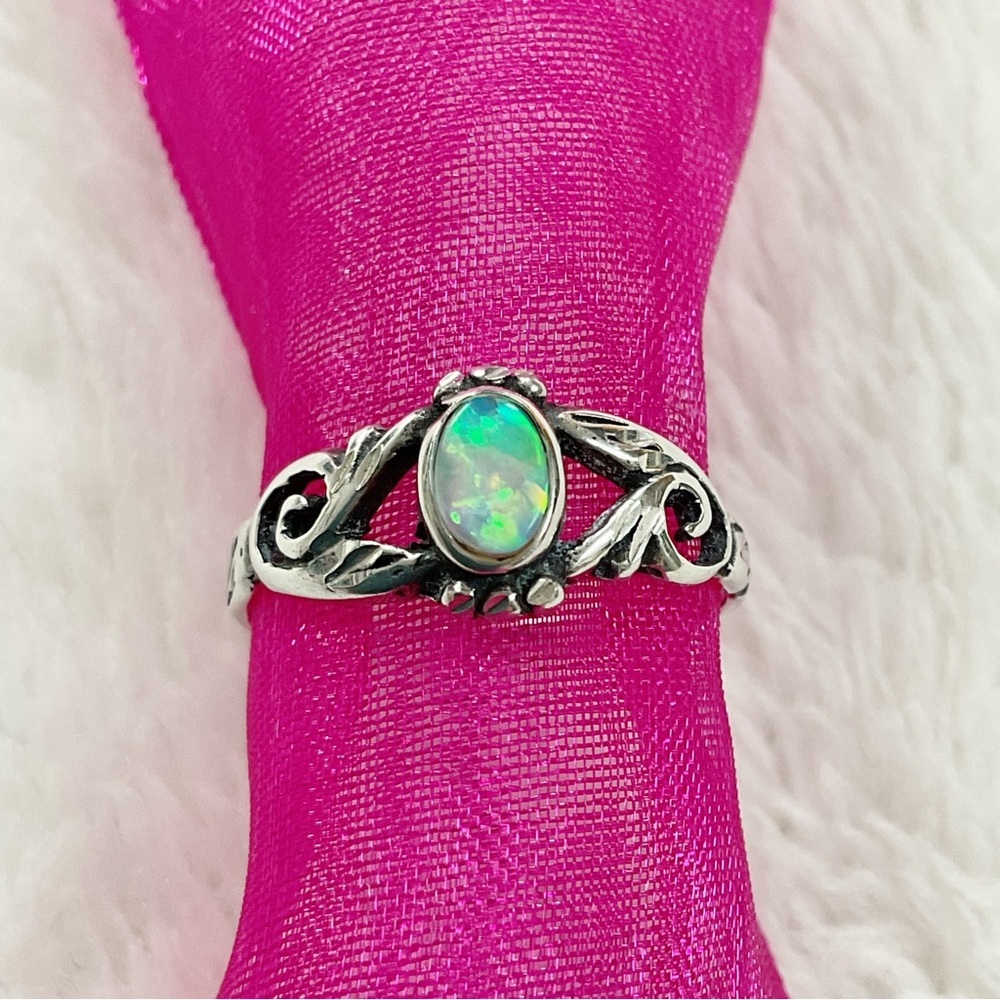 Vintage Sterling Silver Natural Opal Ring Art Nouveau Scroll Size 5.5